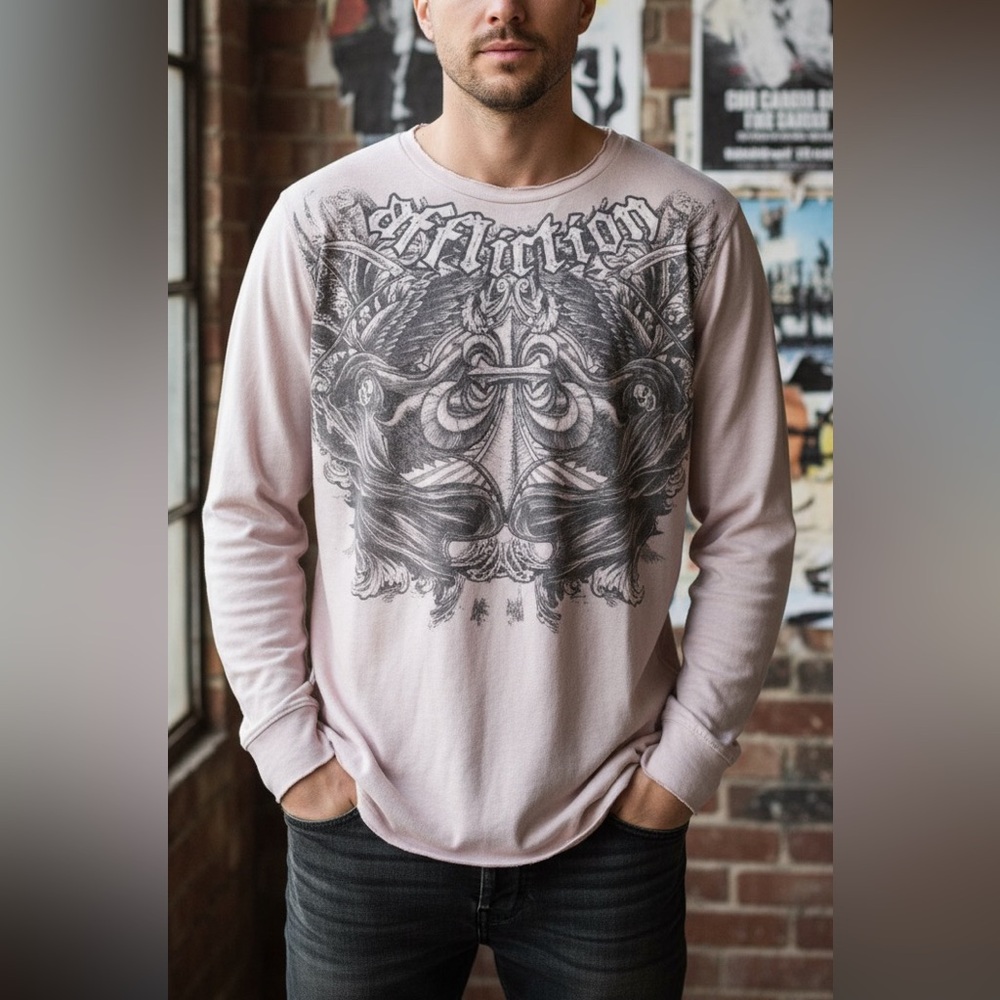 Vintage Y2K distressed affliction Grimm‎ Reaper Angels thermal t shirt men’s 3XL